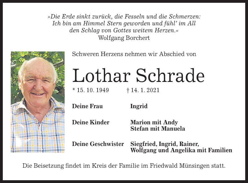  Traueranzeige für Lothar Schrade vom 20.01.2021 aus Alb-Bote/Metzinger-Uracher Volksblatt