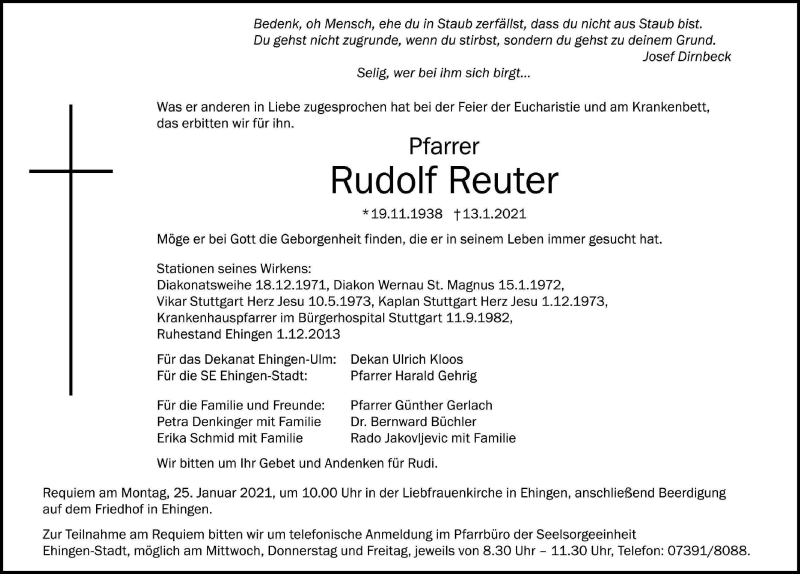  Traueranzeige für Rudolf Reuter vom 20.01.2021 aus Ehinger Tagblatt
