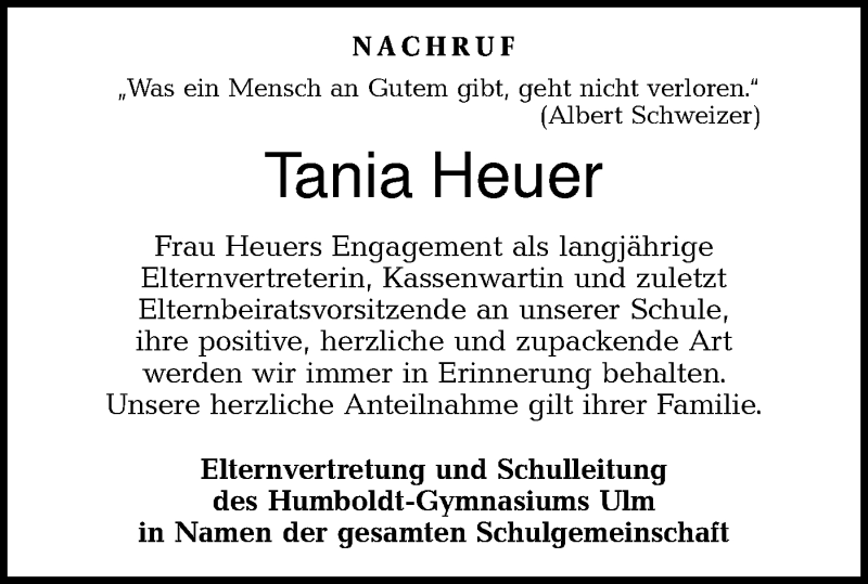  Traueranzeige für Tania Heuer vom 05.01.2021 aus SÜDWEST PRESSE Ausgabe Ulm/Neu-Ulm