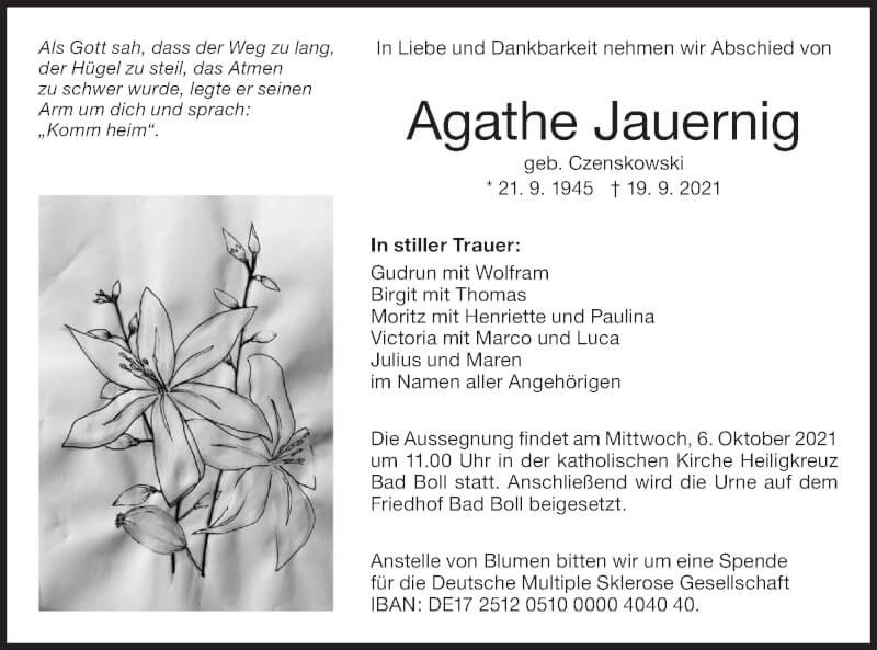  Traueranzeige für Agathe Jauernig vom 04.10.2021 aus NWZ Neue Württembergische Zeitung