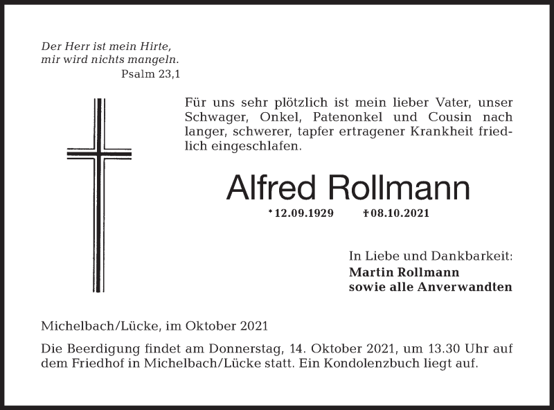  Traueranzeige für Alfred Rollmann vom 12.10.2021 aus Hohenloher Tagblatt