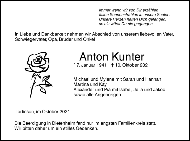 Traueranzeige für Anton Kunter vom 16.10.2021 aus Illertal Bote