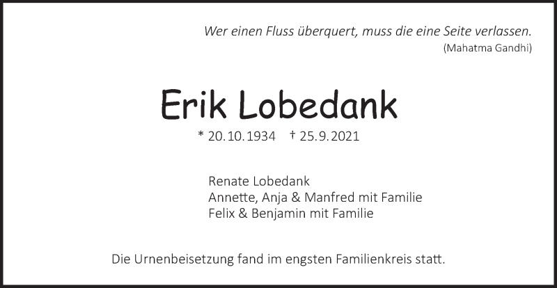  Traueranzeige für Erik Lobedank vom 09.10.2021 aus SÜDWEST PRESSE Ausgabe Ulm/Neu-Ulm