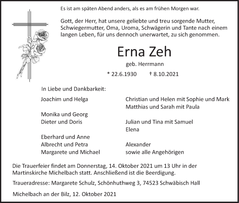 Traueranzeige für Erna Zeh vom 12.10.2021 aus Haller Tagblatt