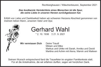 Traueranzeige von Gerhard Wahl von NWZ Neue Württembergische Zeitung