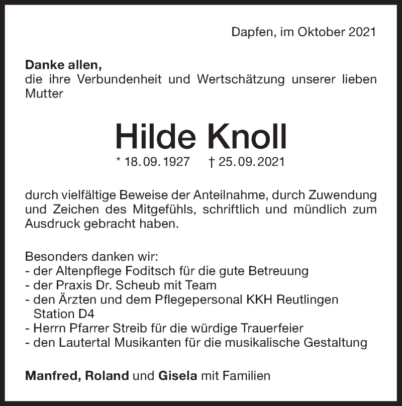  Traueranzeige für Hilde Knoll vom 30.10.2021 aus Alb-Bote/Metzinger-Uracher Volksblatt