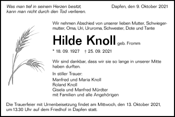Traueranzeige von Hilde Knoll von Alb-Bote/Metzinger-Uracher Volksblatt