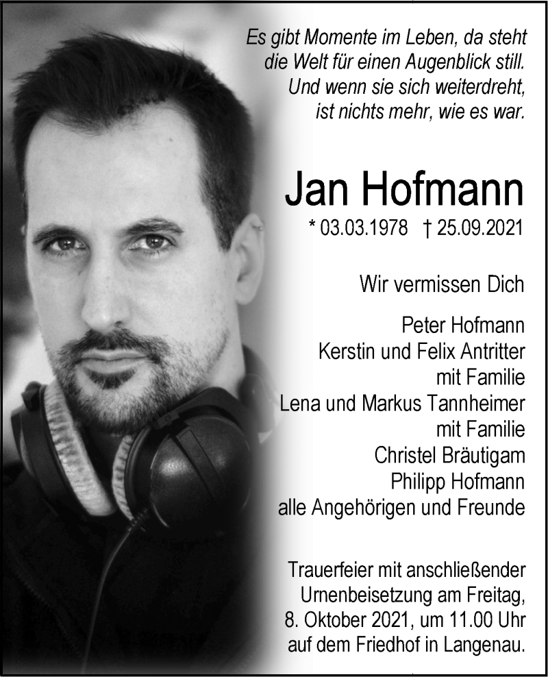  Traueranzeige für Jan Hofmann vom 02.10.2021 aus SÜDWEST PRESSE Ausgabe Ulm/Neu-Ulm