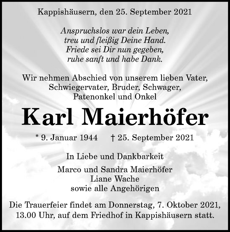  Traueranzeige für Karl Maierhöfer vom 02.10.2021 aus Alb-Bote/Metzinger-Uracher Volksblatt