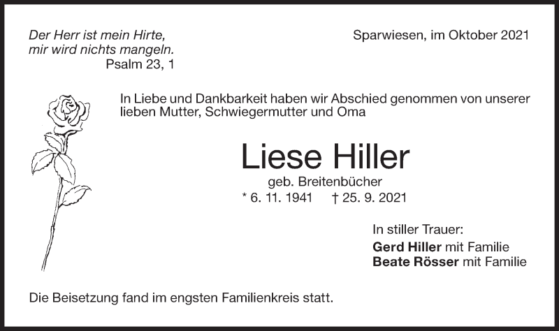  Traueranzeige für Liese Hiller vom 02.10.2021 aus NWZ Neue Württembergische Zeitung