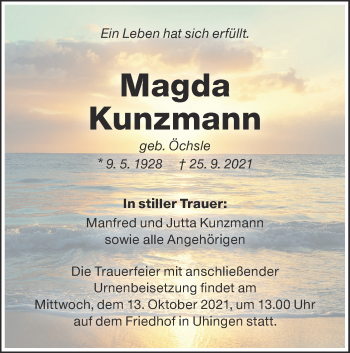 Traueranzeige von Magda Kunzmann von NWZ Neue Württembergische Zeitung