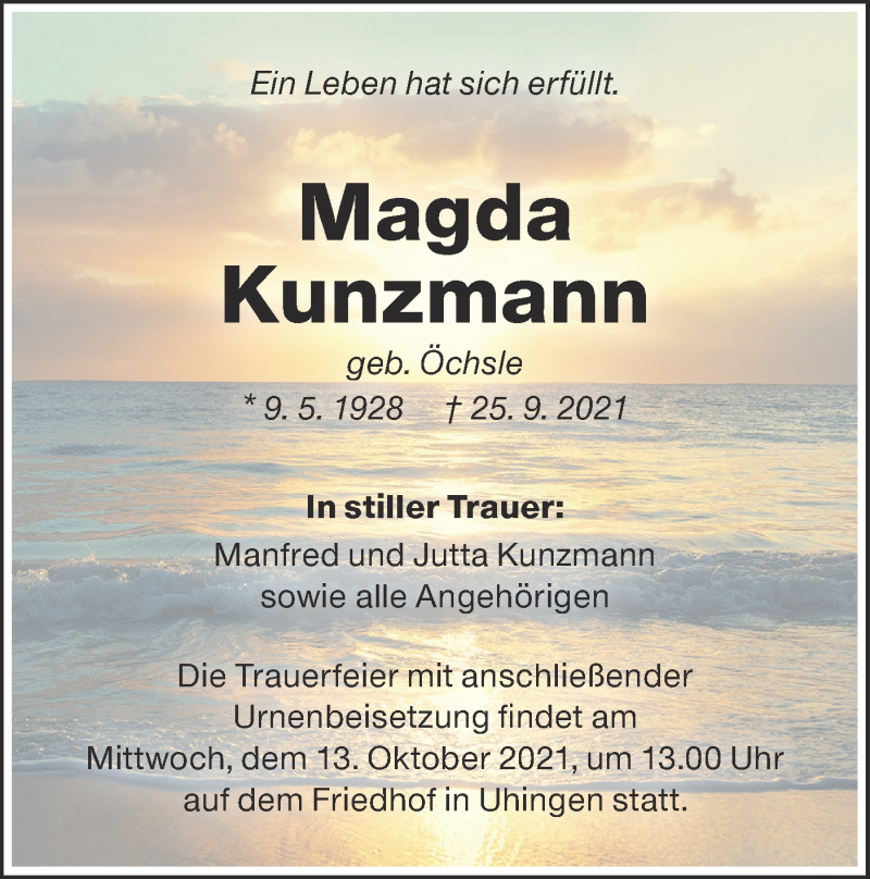  Traueranzeige für Magda Kunzmann vom 09.10.2021 aus NWZ Neue Württembergische Zeitung