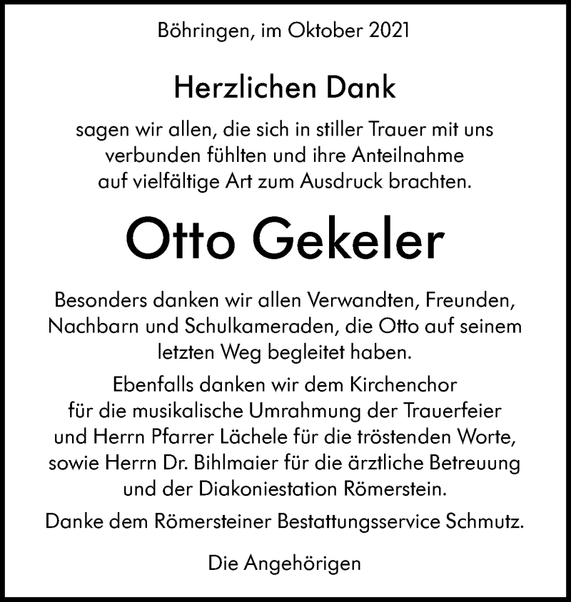  Traueranzeige für Otto Gekeler vom 14.10.2021 aus Alb-Bote/Metzinger-Uracher Volksblatt