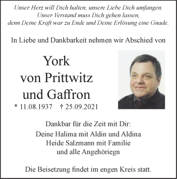Traueranzeige von York von Prittwitz und Gaffron von SÜDWEST PRESSE Ausgabe Ulm/Neu-Ulm