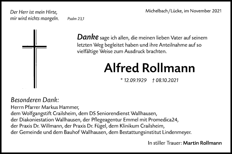  Traueranzeige für Alfred Rollmann vom 11.11.2021 aus Hohenloher Tagblatt