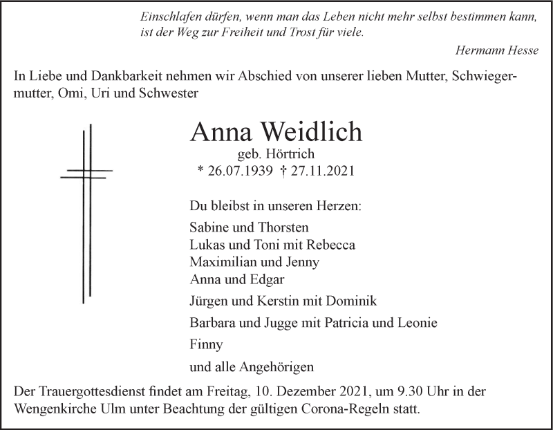  Traueranzeige für Anna Weidlich vom 01.12.2021 aus SÜDWEST PRESSE Ausgabe Ulm/Neu-Ulm