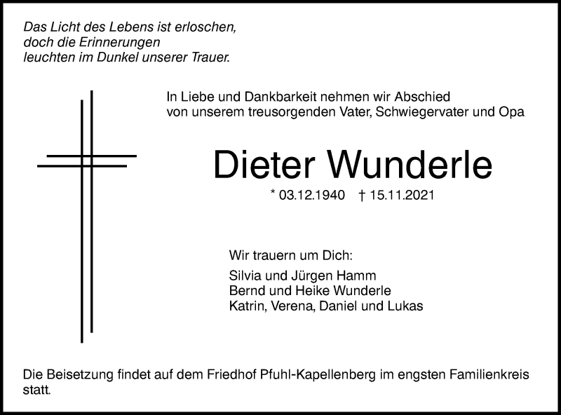  Traueranzeige für Dieter Wunderle vom 22.11.2021 aus SÜDWEST PRESSE Ausgabe Ulm/Neu-Ulm