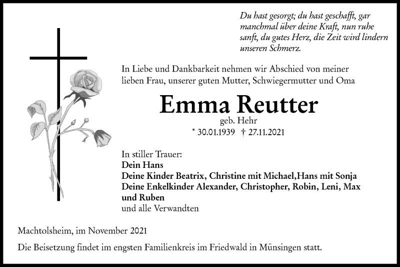  Traueranzeige für Emma Reutter vom 30.11.2021 aus SÜDWEST PRESSE Ausgabe Ulm/Neu-Ulm