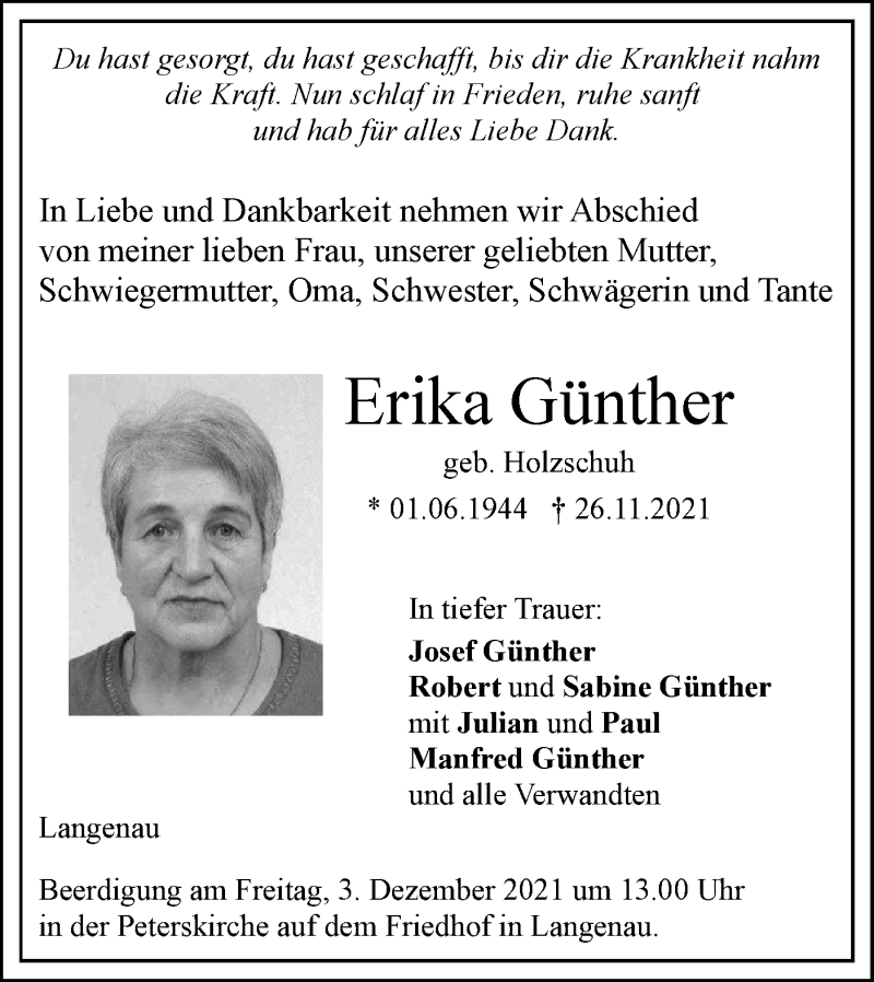  Traueranzeige für Erika Günther vom 01.12.2021 aus SÜDWEST PRESSE Ausgabe Ulm/Neu-Ulm