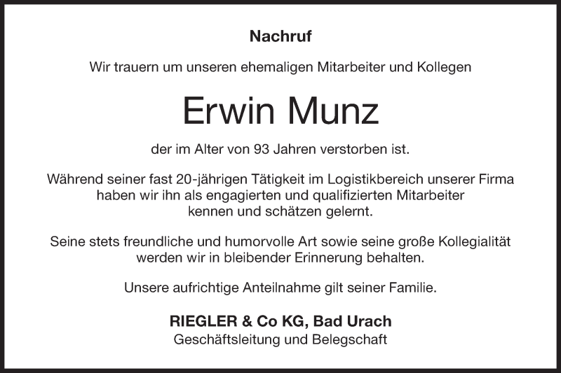  Traueranzeige für Erwin Munz vom 25.11.2021 aus Metzinger-Uracher Volksblatt