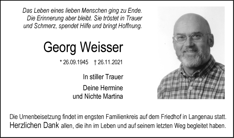  Traueranzeige für Georg Weisser vom 01.12.2021 aus SÜDWEST PRESSE Ausgabe Ulm/Neu-Ulm
