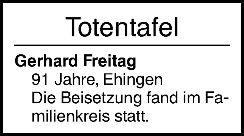  Traueranzeige für Gerhard Freitag vom 25.11.2021 aus Ehinger Tagblatt