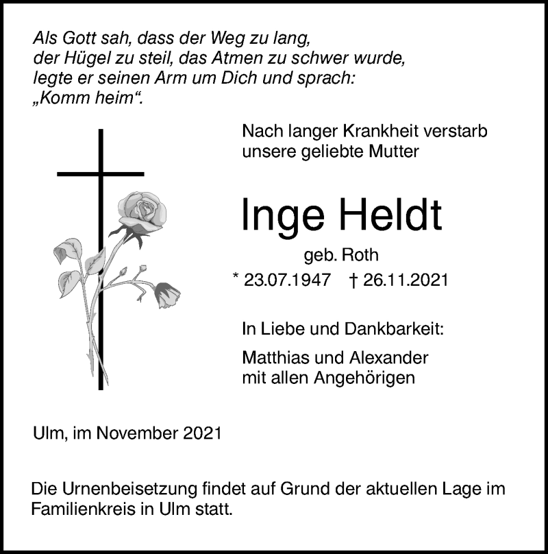  Traueranzeige für Inge Heldt vom 30.11.2021 aus SÜDWEST PRESSE Ausgabe Ulm/Neu-Ulm