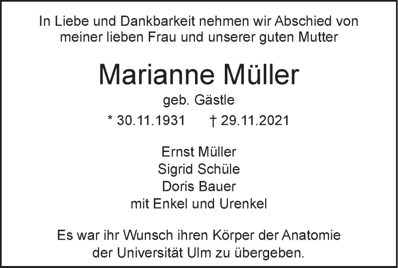  Traueranzeige für Marianne Müller vom 30.11.2021 aus SÜDWEST PRESSE Ausgabe Ulm/Neu-Ulm