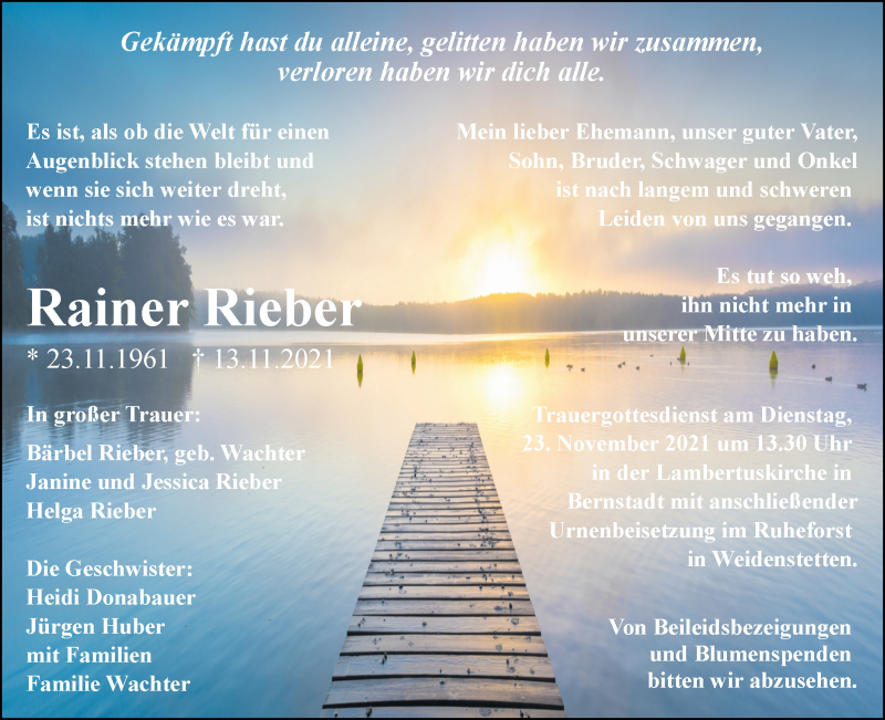  Traueranzeige für Rainer Rieber vom 18.11.2021 aus SÜDWEST PRESSE Ausgabe Ulm/Neu-Ulm