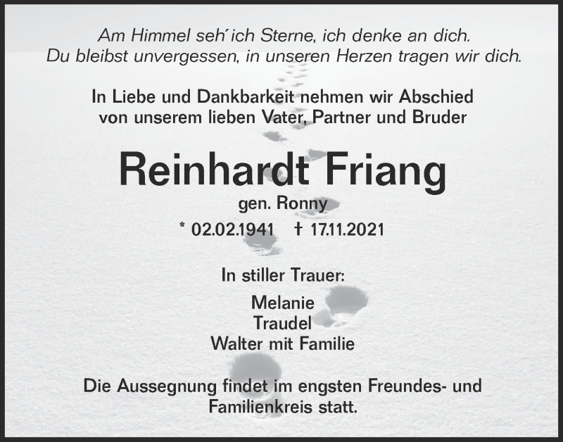  Traueranzeige für Reinhardt Friang vom 27.11.2021 aus SÜDWEST PRESSE Ausgabe Ulm/Neu-Ulm