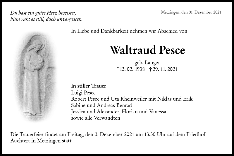  Traueranzeige für Waltraud Pesce vom 01.12.2021 aus Metzinger-Uracher Volksblatt
