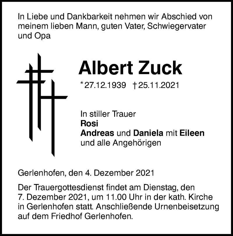  Traueranzeige für Albert Zuck vom 04.12.2021 aus SÜDWEST PRESSE Ausgabe Ulm/Neu-Ulm