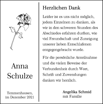 Traueranzeige von Anna Schulze von SÜDWEST PRESSE Ausgabe Ulm/Neu-Ulm