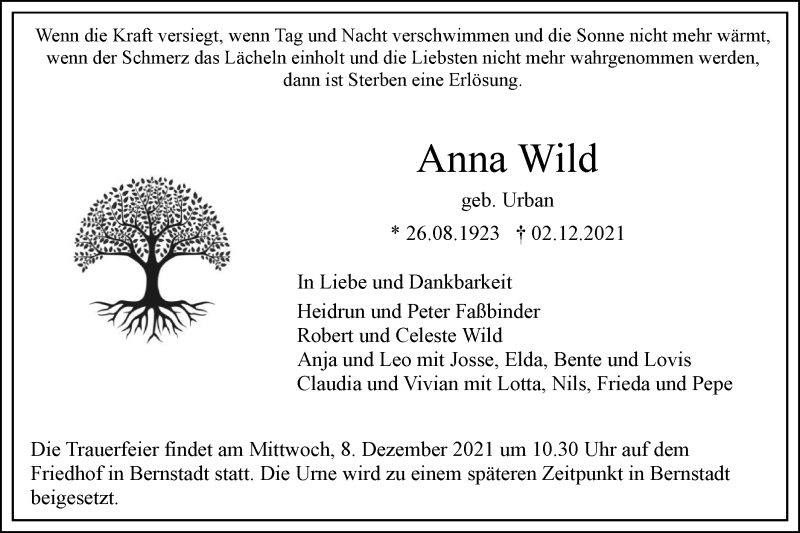  Traueranzeige für Anna Wild vom 06.12.2021 aus SÜDWEST PRESSE Ausgabe Ulm/Neu-Ulm