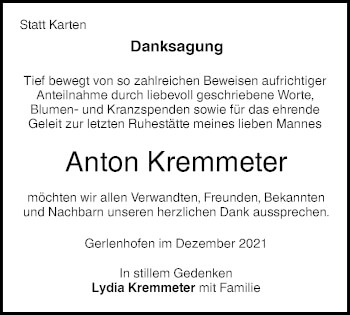 Traueranzeige von Anton Kremmeter von SÜDWEST PRESSE Ausgabe Ulm/Neu-Ulm