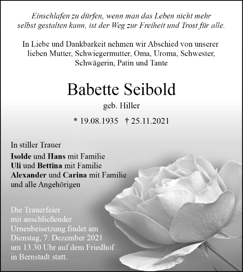  Traueranzeige für Babette Seibold vom 03.12.2021 aus SÜDWEST PRESSE Ausgabe Ulm/Neu-Ulm