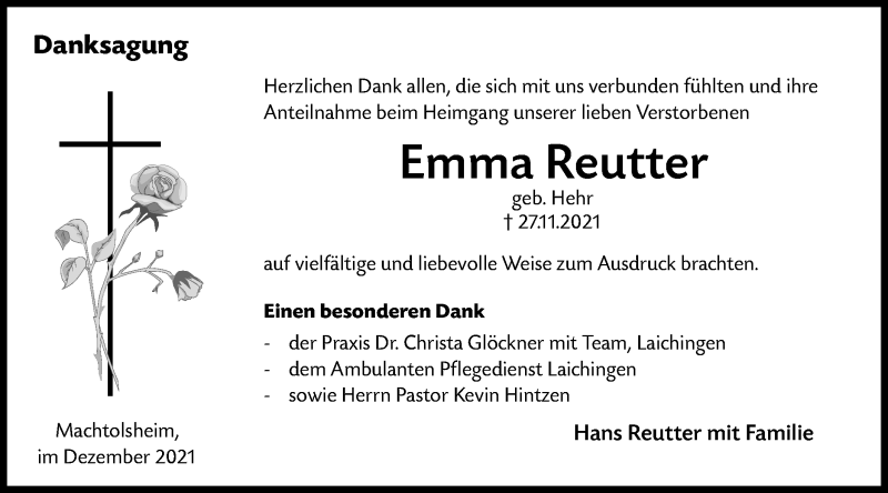  Traueranzeige für Emma Reutter vom 14.12.2021 aus SÜDWEST PRESSE Ausgabe Ulm/Neu-Ulm