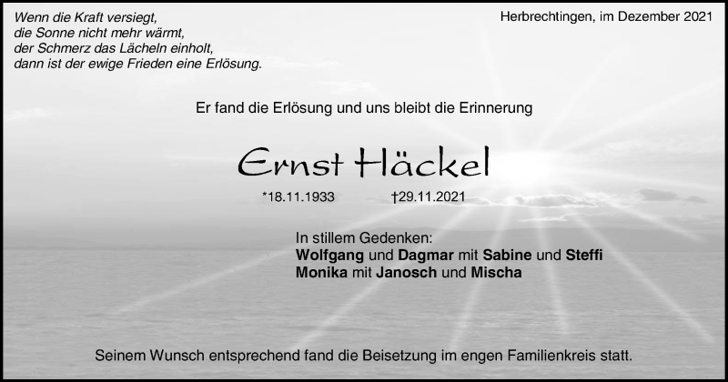  Traueranzeige für Ernst Häckel vom 20.12.2021 aus SÜDWEST PRESSE Ausgabe Ulm/Neu-Ulm