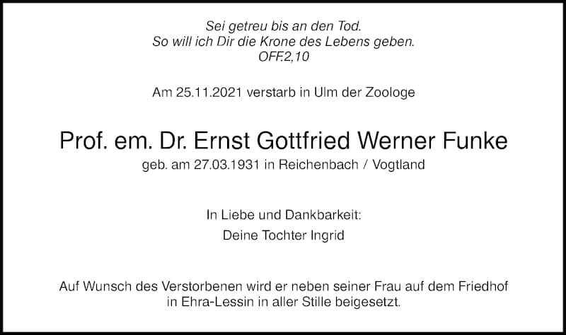  Traueranzeige für Ernst Gottfried Werner Funke vom 18.12.2021 aus SÜDWEST PRESSE Ausgabe Ulm/Neu-Ulm