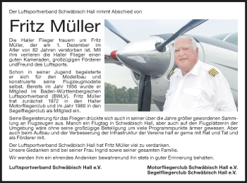 Traueranzeige von Fritz Müller von Haller Tagblatt