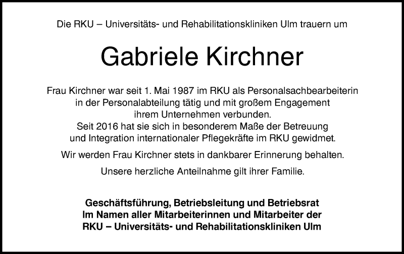  Traueranzeige für Gabriele Kirchner vom 08.12.2021 aus SÜDWEST PRESSE Ausgabe Ulm/Neu-Ulm