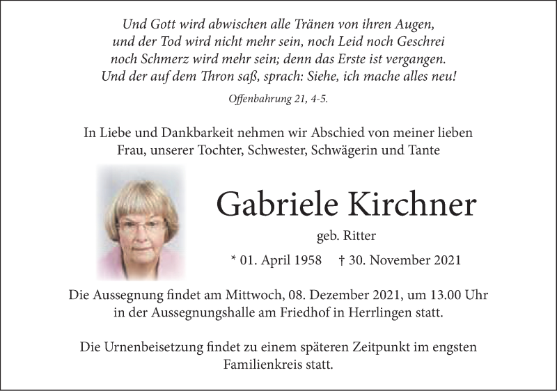  Traueranzeige für Gabriele Kirchner vom 06.12.2021 aus SÜDWEST PRESSE Ausgabe Ulm/Neu-Ulm