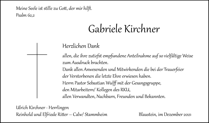  Traueranzeige für Gabriele Kirchner vom 20.12.2021 aus SÜDWEST PRESSE Ausgabe Ulm/Neu-Ulm