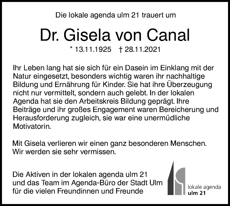  Traueranzeige für Gisela von Canal vom 04.12.2021 aus SÜDWEST PRESSE Ausgabe Ulm/Neu-Ulm