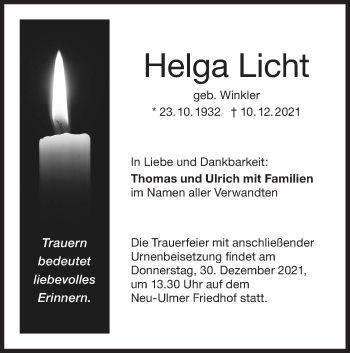 Traueranzeige von Helga Licht von SÜDWEST PRESSE Ausgabe Ulm/Neu-Ulm