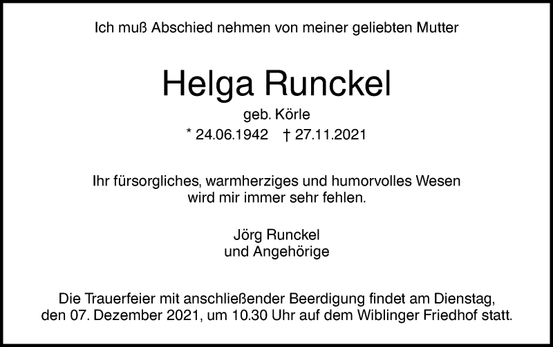  Traueranzeige für Helga Runckel vom 04.12.2021 aus SÜDWEST PRESSE Ausgabe Ulm/Neu-Ulm