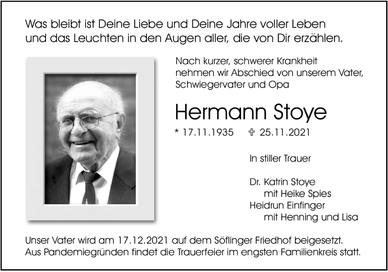  Traueranzeige für Hermann Stoye vom 04.12.2021 aus SÜDWEST PRESSE Ausgabe Ulm/Neu-Ulm