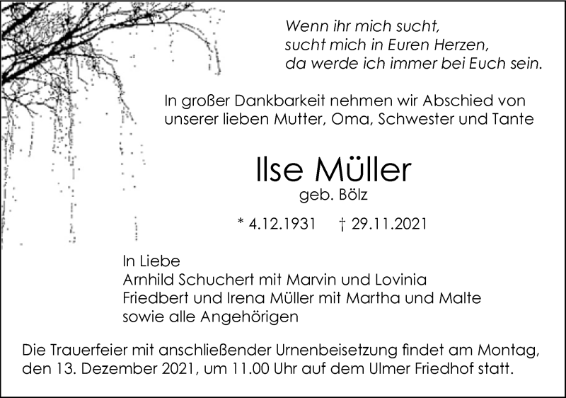  Traueranzeige für Ilse Müller vom 04.12.2021 aus SÜDWEST PRESSE Ausgabe Ulm/Neu-Ulm