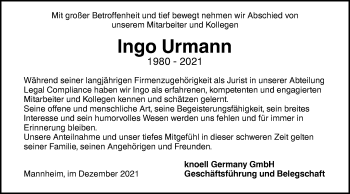 Traueranzeige von Ingo Urmann von SÜDWEST PRESSE Ausgabe Ulm/Neu-Ulm