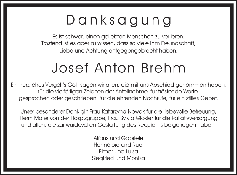  Traueranzeige für Josef Anton Brehm vom 30.12.2021 aus SÜDWEST PRESSE Ausgabe Ulm/Neu-Ulm